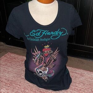 Ed Hardy Black Tee with Turquoise Logo and Multicolor Tattoo Graphic